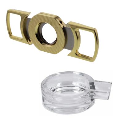 Sigaren set - asbak - glas - D15 cm - sigarenknipper - 25 mm - goud