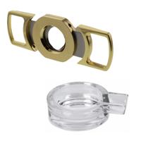 Sigaren set - asbak - glas - D15 cm - sigarenknipper - 25 mm - goud