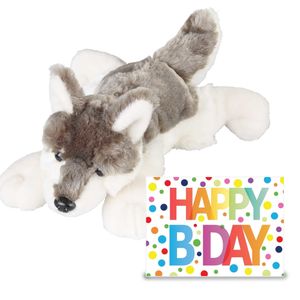 Verjaardag cadeau wolf 25 cm met XL Happy Birthday wenskaart