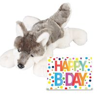 Verjaardag cadeau wolf 25 cm met XL Happy Birthday wenskaart - thumbnail