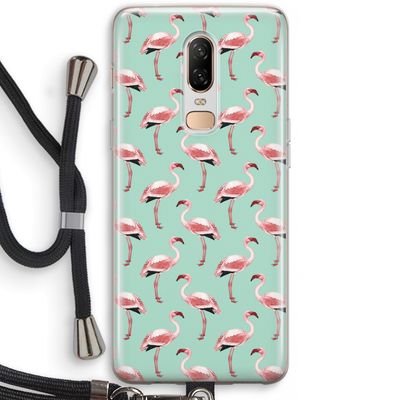 Flamingoprint groen: OnePlus 6 Transparant Hoesje met koord