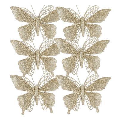 Kerstboomversiering Vlinder - 6x stuks - 16 cm - champagne glitter - op clip