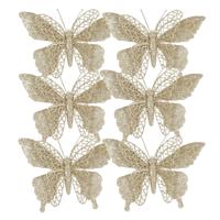 Kerstboomversiering Vlinder - 6x stuks - 16 cm - champagne glitter - op clip