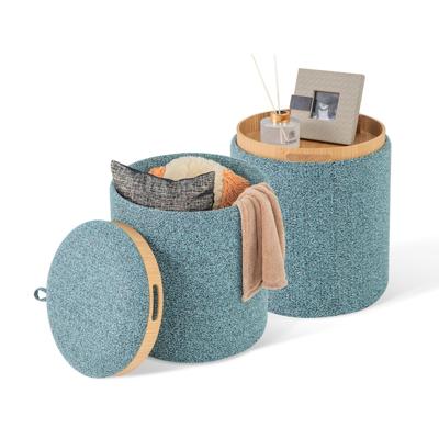 Kruk Set van 2 Ronde Voetenbank met Opbergruimte en Omkeerbaar Deksel Make-Uptafelkruk Gevoerde Voetenbank Blauw
