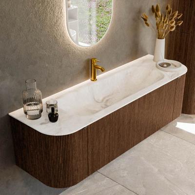 Badmeubel Mondiaz Kurve-Dlux | 150 cm | Meubelkleur Walnut | Wastafelkleur Frappe | Solid surface | Midden spoelbak | 1 kraangat