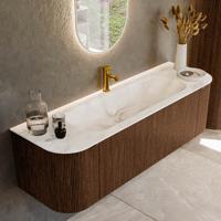 Badmeubel Mondiaz Kurve-Dlux | 150 cm | Meubelkleur Walnut | Wastafelkleur Frappe | Solid surface | Midden spoelbak | 1 kraangat