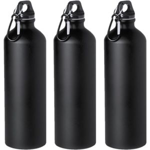 3x Stuks aluminium waterfles/drinkfles zwart met schroefdop en karabijnhaak 800 ml