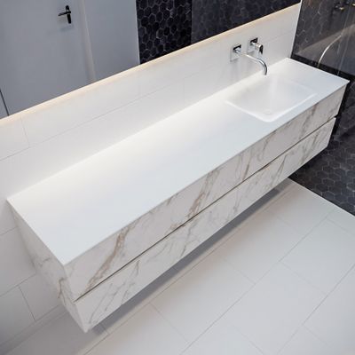 Mondiaz Vica Cloud badmeubel wit carrara mat 200 cm 4 lades solid surface enkele spoelbak rechts zonder kraangat