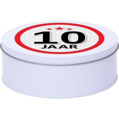 Leeftijd Snoeptrommel - koektrommel Cadeau - wit - rond blik - met 10 jaar sticker