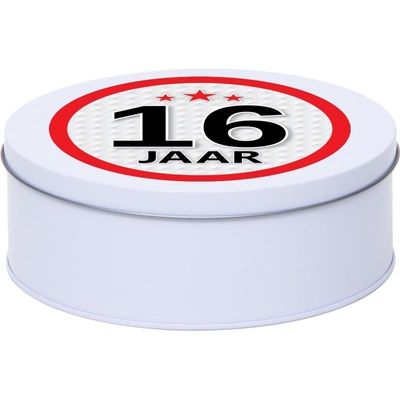 Cadeau/kado wit rond blik 16 jaar 18 cm