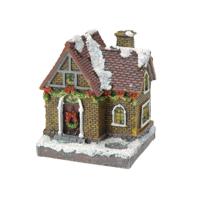 Verlicht kersthuisje - gele bakstenen - polystone - 13 cm - kleur veranderende lichtjes - kerstdorp