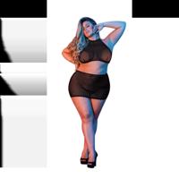 Magic Silk Polka Dot Mesh Halter en Rok Set - 2X - Zwart - thumbnail