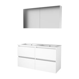 Basic-Line Comfort 46 badkamermeubelset - 120x46cm - greeploos - 4 lades - porseleinen wastafel - 2 kraangaten - Spiegelkast - MDF lak Ice White 1810102