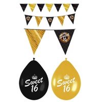 Sweet 16 feestversiering pakket zwart en goud - thumbnail