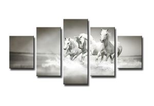 Schilderij - Galopperende Paarden, Grijs/Wit, 160X80cm, 5luik