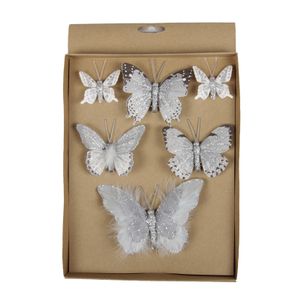 6x stuks Kerstversiering vlinders op clip grijs 5, 8, 12 cm