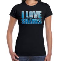 Tekst t-shirt I love sharks met dieren foto van een haai zwart voor dames - thumbnail