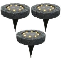Lumineo Solar grond prikspot/tuinspot - 3x - LED - kunststeen - steengrijs - warm wit - 11 x 2 cm
