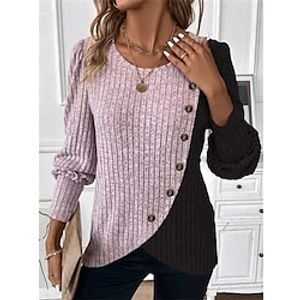 Dames Overhemd Blouse Geklede topjes Kleurenblok nappi Casual Modieus Lange mouw Ronde hals Blozend Roze Herfst winter Lightinthebox