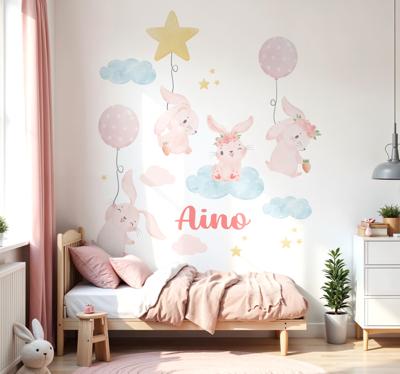 Roze ballonnen met konijntjes muursticker kinderkamer