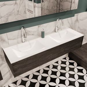 Mondiaz Lush Cloud badmeubel eiken donker bruin 150 cm 1 lade solid surface dubbele spoelbak 2 kraangaten