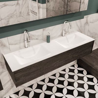 Mondiaz Lush Cloud badmeubel eiken Dark brown 150 cm 1 lade solid surface dubbele spoelbak 2 kraangaten