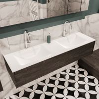 Mondiaz Lush Cloud badmeubel eiken donker bruin 150 cm 1 lade solid surface dubbele spoelbak 2 kraangaten