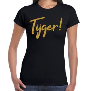 Verkleed T-shirt dames - Tijger! -  zwart - glitter goud - themafeest fout/goud/stout