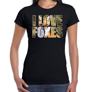 Tekst t-shirt I love foxes met dieren foto van een vos zwart voor dames