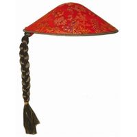 Aziatische/Chinese verkleed hoed rood met vlecht - thumbnail