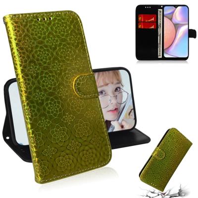Voor Galaxy A10s effen kleur kleurrijke magnetische Buckle horizontale Flip PU lederen draagtas met houder & kaartsleuven & portemonnee & Lanyard (gou