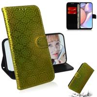 Voor Galaxy A10s effen kleur kleurrijke magnetische Buckle horizontale Flip PU lederen draagtas met houder & kaartsleuven & portemonnee & Lanyard (gou