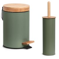 Badkamer/toilet set - WC-borstel en pedaalemmer - metaal - salie groen - Badkameraccessoireset - thumbnail