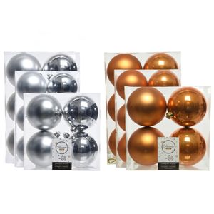 Kerstversiering kunststof kerstballen mix cognac bruin/zilver 6-8-10 cm pakket van 44x stuks