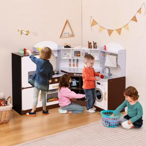 Hoekkeukenset voor Kinderen Vanaf 3 Jaar Gemaakt van Hout Ijsmachine Magnetron Oven Gootsteen Wasmachine Handdoekenrek