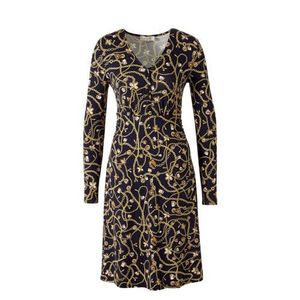 Cream jersey jurk met all over print donkerblauw/geel/ecru