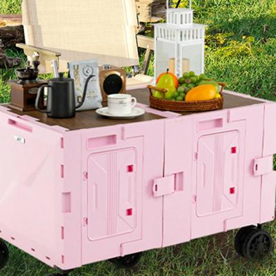 Vouwbare Bolderwagen Handwagen met Tafelblad & 2 Kisten & Verstelbare Handgreep & Drinkhouders Roze