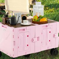 Vouwbare Bolderwagen Handwagen met Tafelblad & 2 Kisten & Verstelbare Handgreep & Drinkhouders Roze