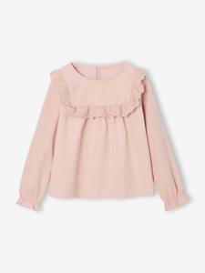 Fluwelen meisjesblouse met ruches en Engels borduursel roze (poederkleur)