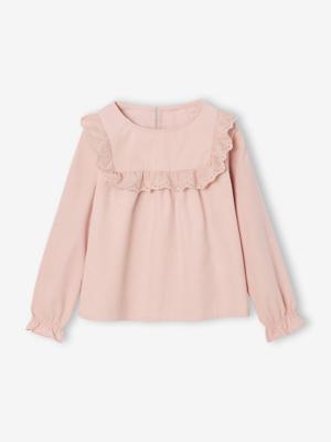 Fluwelen meisjesblouse met ruches en Engels borduursel roze (poederkleur)