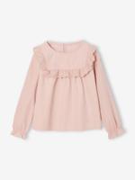 Fluwelen meisjesblouse met ruches en Engels borduursel roze (poederkleur) Fluwelen meisjesblouse met ruches en Engels borduursel roze (poederkleur)