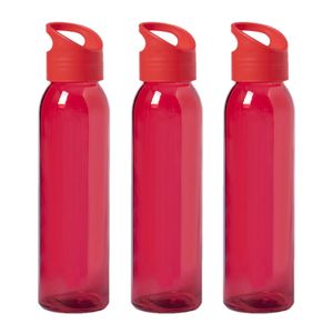 6x Stuks glazen waterfles/drinkfles rood transparant met schroefdop met handvat 470 ml
