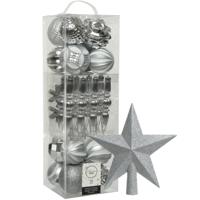 Decoris 30x st kunststof kerstballen, ornamenten en piek zilver - Kerstbal - thumbnail