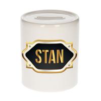 Spaarpot met voornaam Stan - wit - goud/zwart embleem - 8 x 9 cm - keramiek - afsluitdop