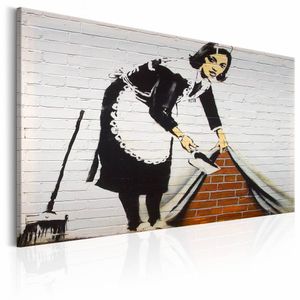 Schilderij - Banksy - Werkster , zwart wit , wanddecoratie , premium print op canvas