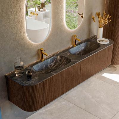 Badmeubel Mondiaz Kurve-Dlux | 200 cm | Meubelkleur Walnut | Wastafelkleur Lava | Solid surface | Dubbele spoelbak | 2 kraangaten
