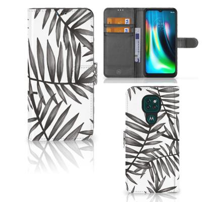Motorola Moto G9 Play | E7 Plus Hoesje Leaves Grey | Portemonnee hoesje Motorola Moto G9 Play | E7 Plus Hoesje Leaves Grey | Portemonnee hoesje