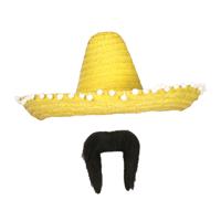 Carnaval verkleed set - Mexicaanse sombrero hoed met plaksnor - geel - heren - thumbnail