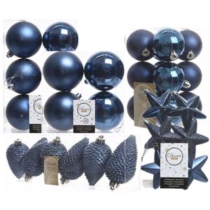 Kerstversiering kunststof kerstballen donkerblauw 6-8-10 cm pakket van 62x stuks