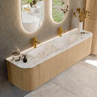 Badmeubel Mondiaz Kurve-Dlux | 180 cm | Meubelkleur Oak | Wastafelkleur Glace | Solid surface | Dubbele spoelbak | 2 kraangaten